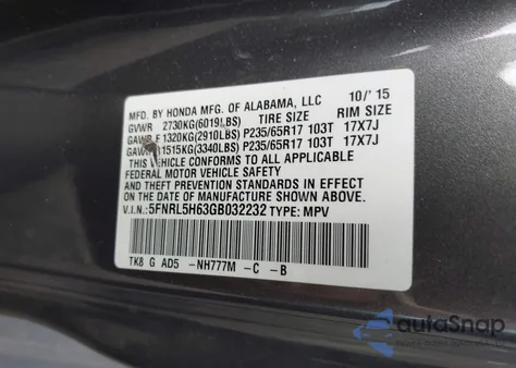 2016 Honda Odyssey Ex-L z USA, uszkodzony, nr VIN 5FNRL5H63GB032232